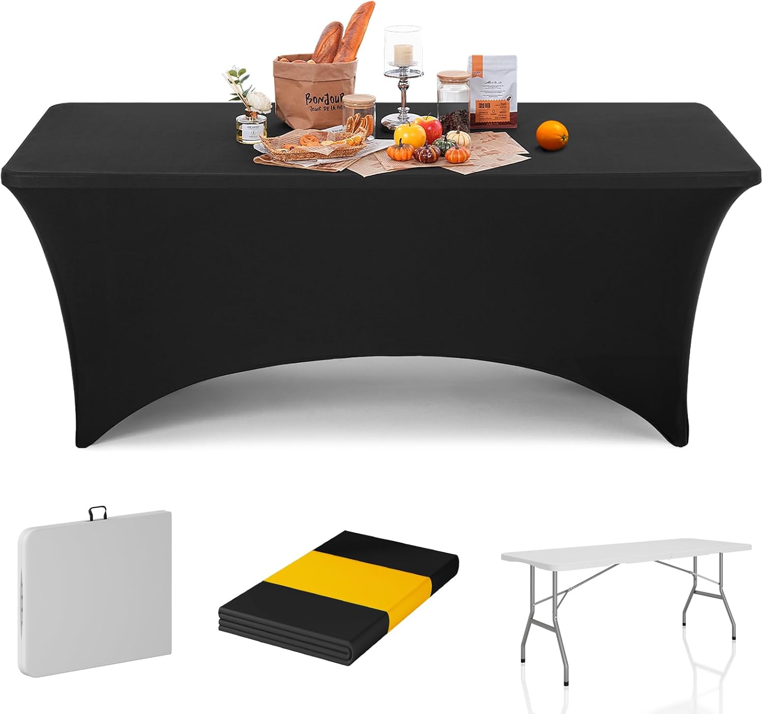 6ft Folding Table with Black Table Cloth Indoor, Foldable Desk with HDPE Tabletop, Safety Locks, Easy to Carry and Store, No-Assembly Outdoor Camping Table for Dining, Party, Picnic, White
