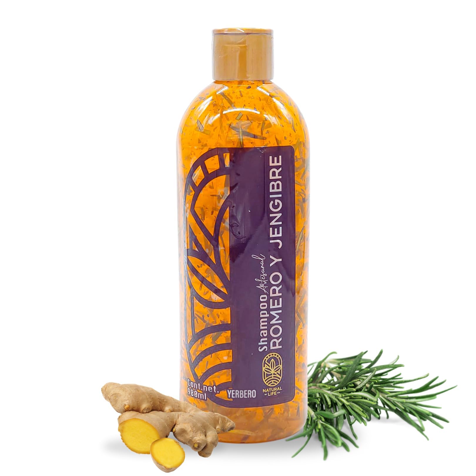 Yerbero - Ginger + Rosemary All Natural Shampoo 980ml (33.1 Fl Oz) | 100% Natural, Fast Growth, Stop Hair Loss Crecimiento Rápido | Romero y Jengibre Herbal Artisan Made With Bits of Rosemary & Ginger
