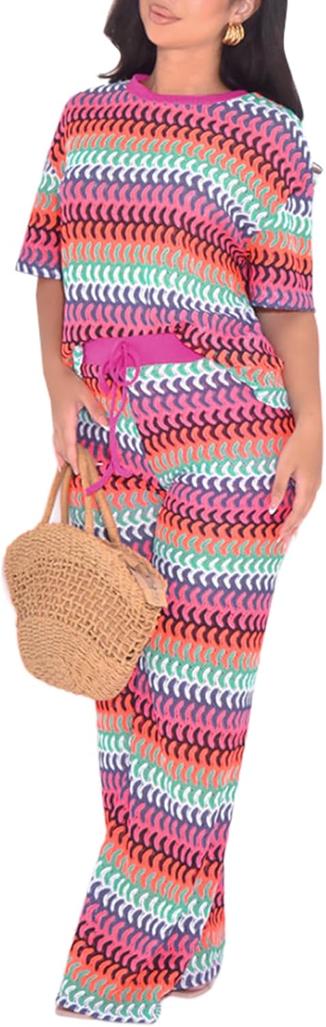 Two Piece Cover Up Sets for Women Crochet Knit Hollow Out Striped Short Sleeve Tops Wide Leg Pants Sweater Outfits