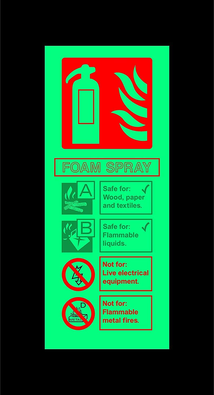 Foam fire extinguisher safety sign - 200mm x 80mm 1.2mm Photoluminescent rigid plastic with self adhesive backing