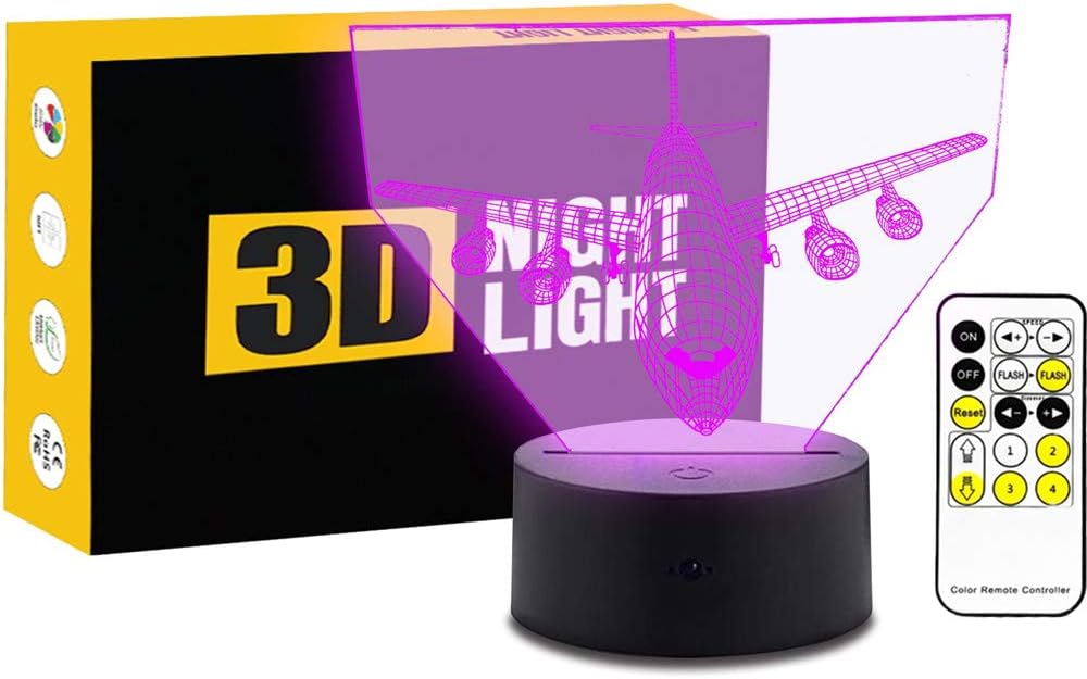 Leisurely Lazy Aircraft Plane Shape 3D Optical Illusion Lamp 7 Colors Change and 15 Keys Remote Control LED Night Light Toys
