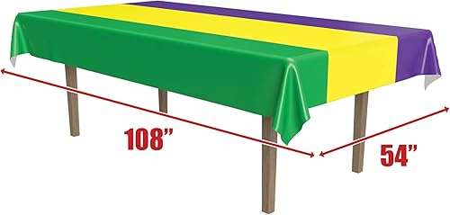 Miniatura 3 de Beistle Manteles de Mardi Gras, 54 x 108 pulgadas, 3 piezas  Mantel de plástico, mantel rectangular, decoraciones de Mardi Gras, mantel de Mardi