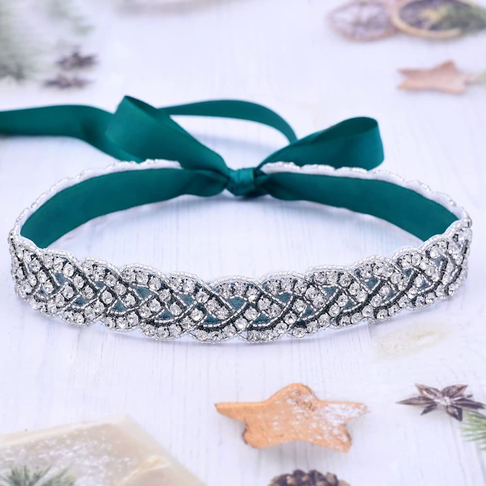 Cinturón de Boda de Diamantes de Imitación de Wambere para Novia y Dama de Honor, con Cinta Verde Oscuro