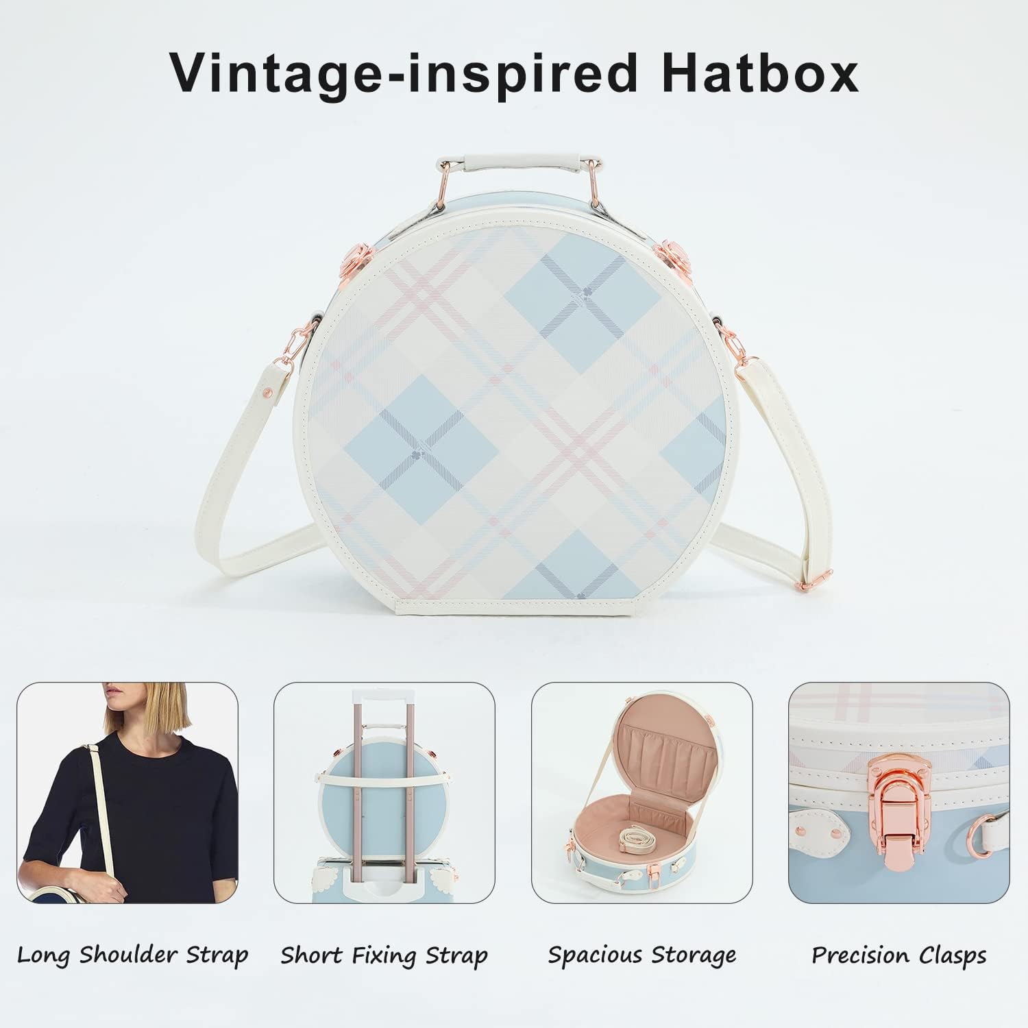 Vintage Luggage Set, 2 Piece Faux Leather Suitcase with Spinner Wheels TSA Lock, 20inch Retro Carry on Bag Set with Hat Box Cosmetic Train Case for Women(plaid, 20in+12in)