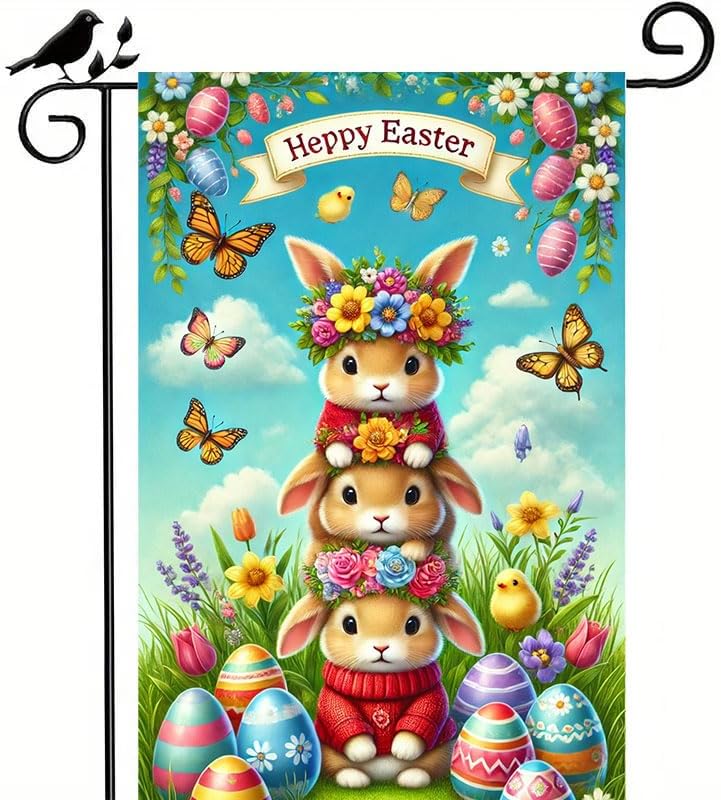 Happy Easter Garden Flag 12x18 Inch Double Sided Bunny Stacked Rabbits Eggs Butterfly Flowers Design Small Outdoor Yard Flag Spring Easter Welcome Decor for Porch Lawn Patio Garden