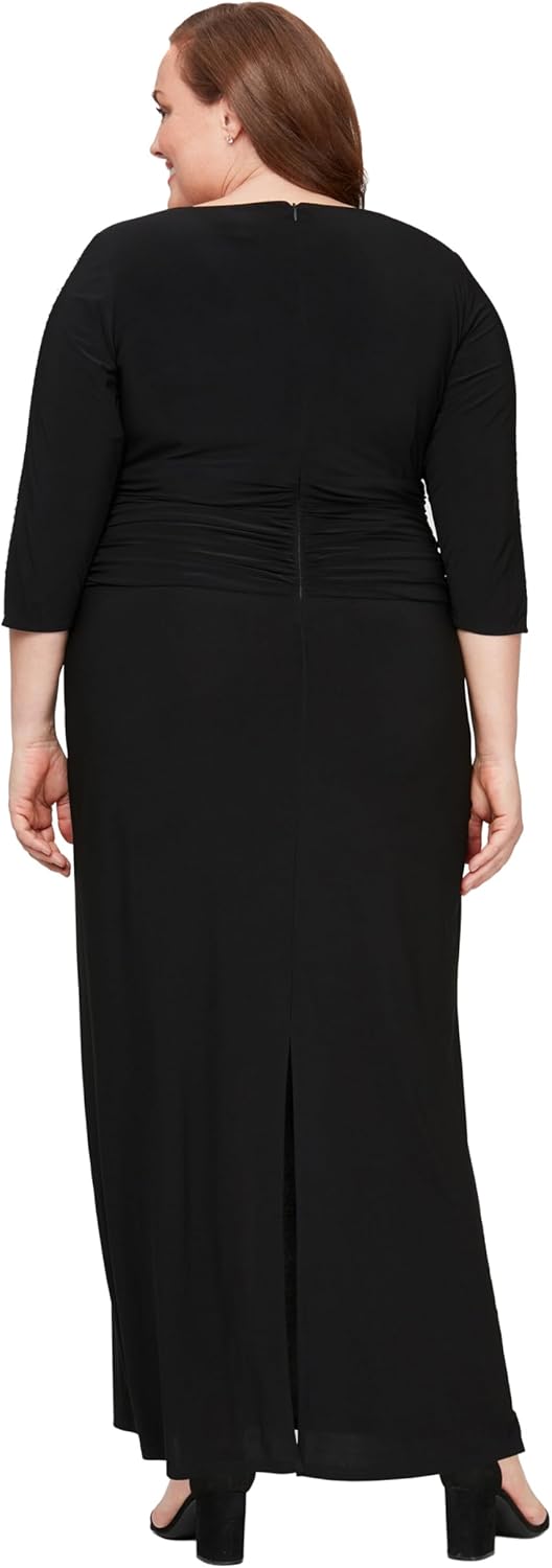 S.L. Fashions Womens Long Length Ruched Waist Formal Mother of The Dress with Beaded Illusion 3/4 Sleeves (Plus Size) - Image 2