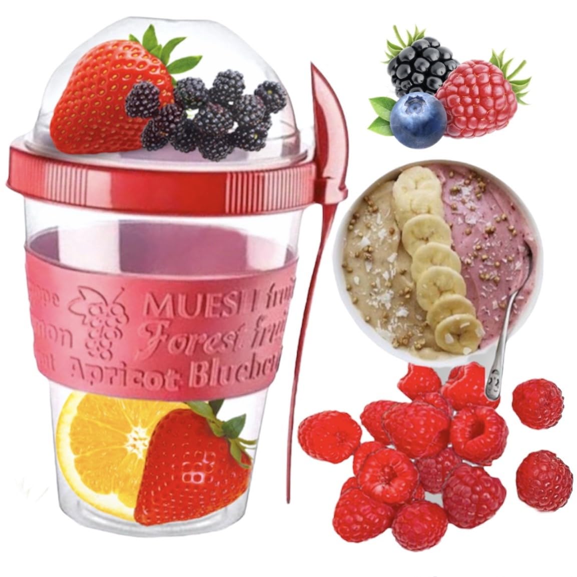 4All Red Reusable Yogurt Cup 600Ml With Spoon Cereal Storage Containers With Lid Airtight Overnight Oats Jar Bpa Free Breakfast Cup Cereal On The Go Dishwasher Safe (Red)
