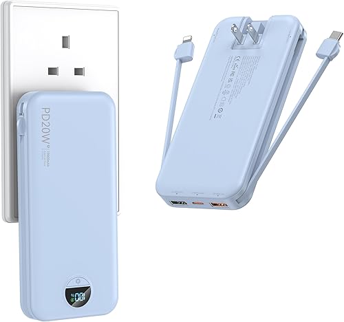 Portable Charger with Wall Plug, 10000mAh USB C Power Bank Fast Charging, External Battery Pack with Built in Cables, Digital Display, 5 Output 4