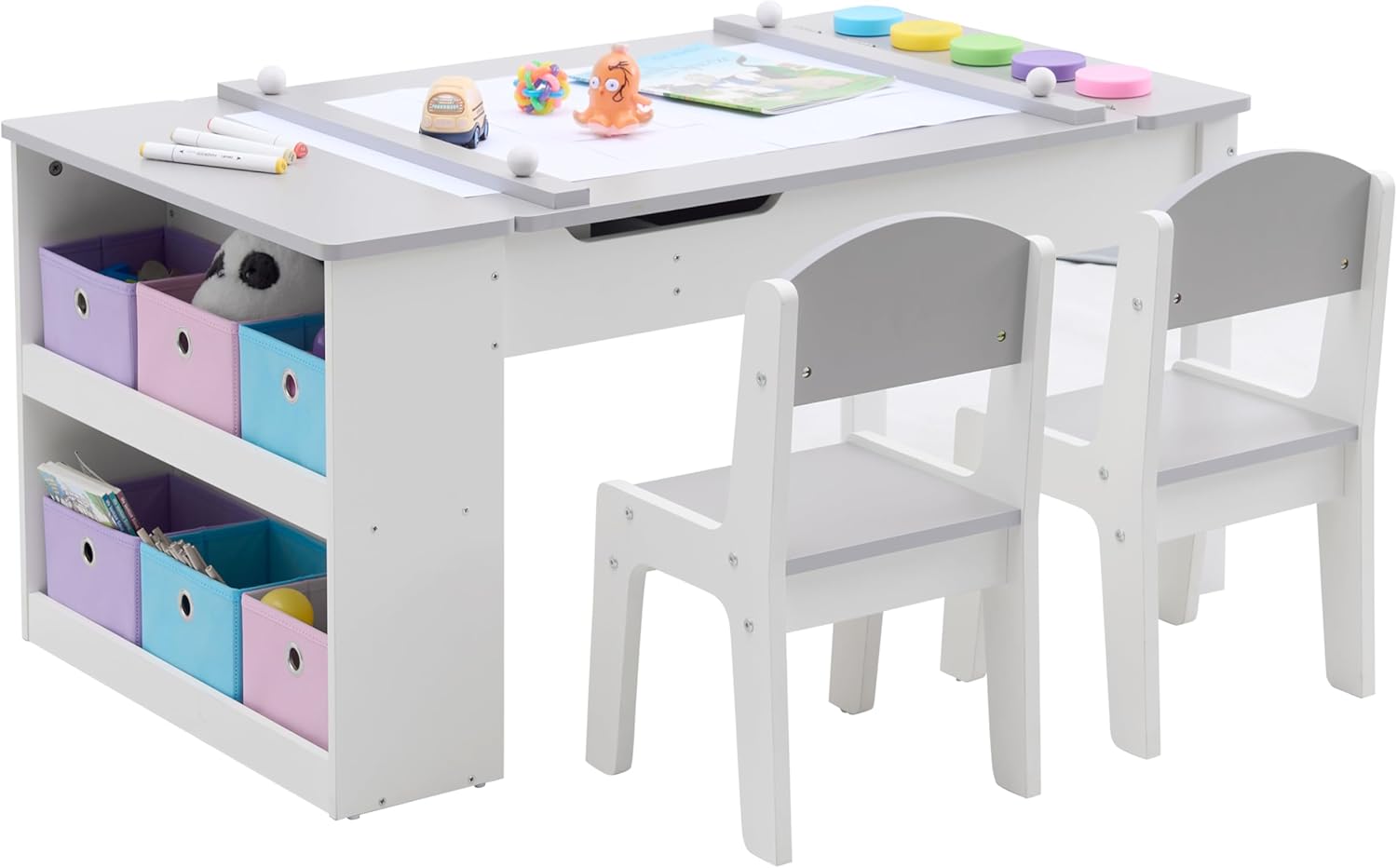 Kids Art Table and Art Easel Table & 2 Chair Set, 2 in 1 Toddler Craft and Play Wood Activity Table with Storage Bins and Paper Roll (Grey & White)