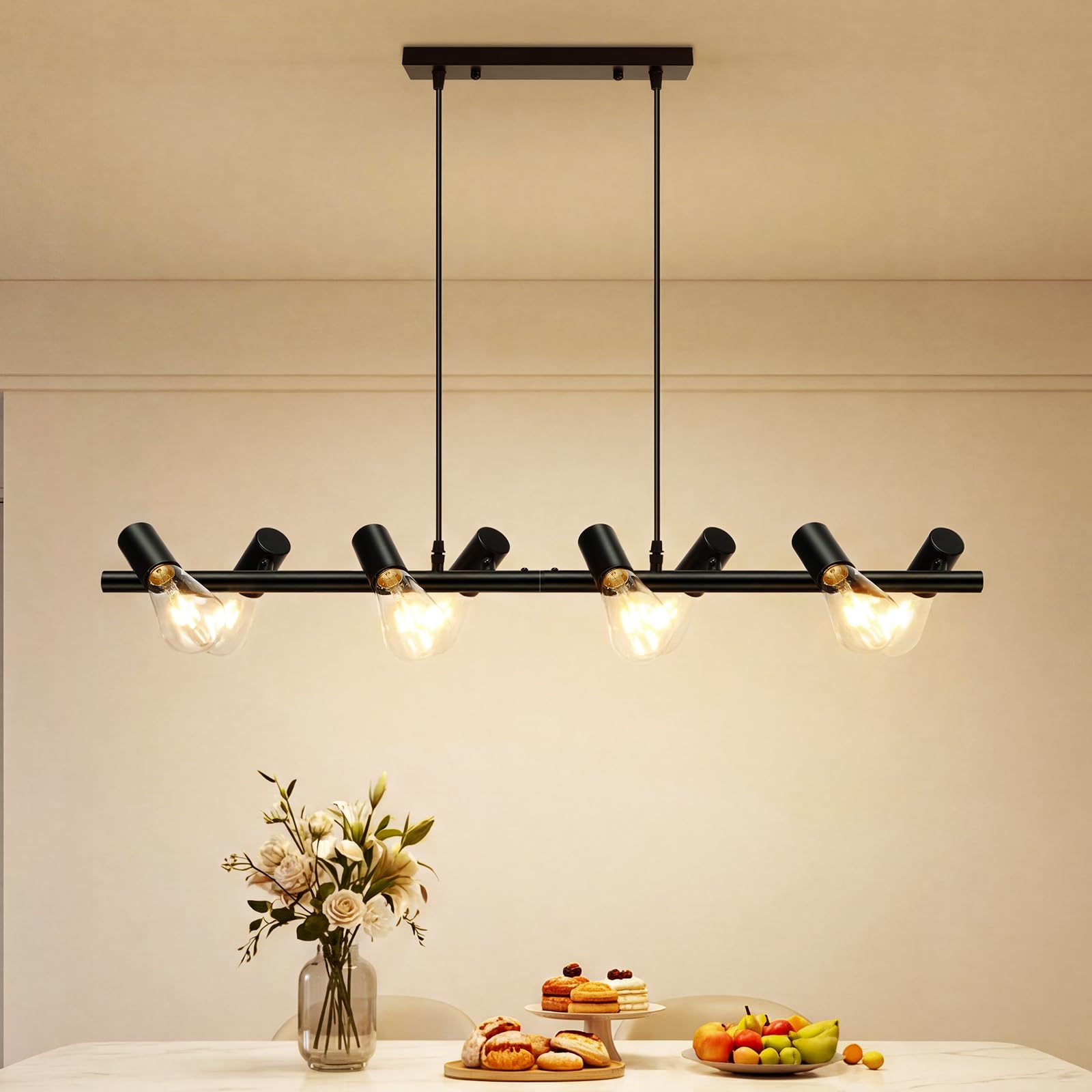 VivaLet Lampadario Soggiorno Moderni Nero, E27 Faretti Soffitto a 8-Luci, Testa Orientabile, Lampadario Vintage a Sospensione da Sala da Pranzo Regolabile in Altezza, Plafoniera Industrial per Cucina