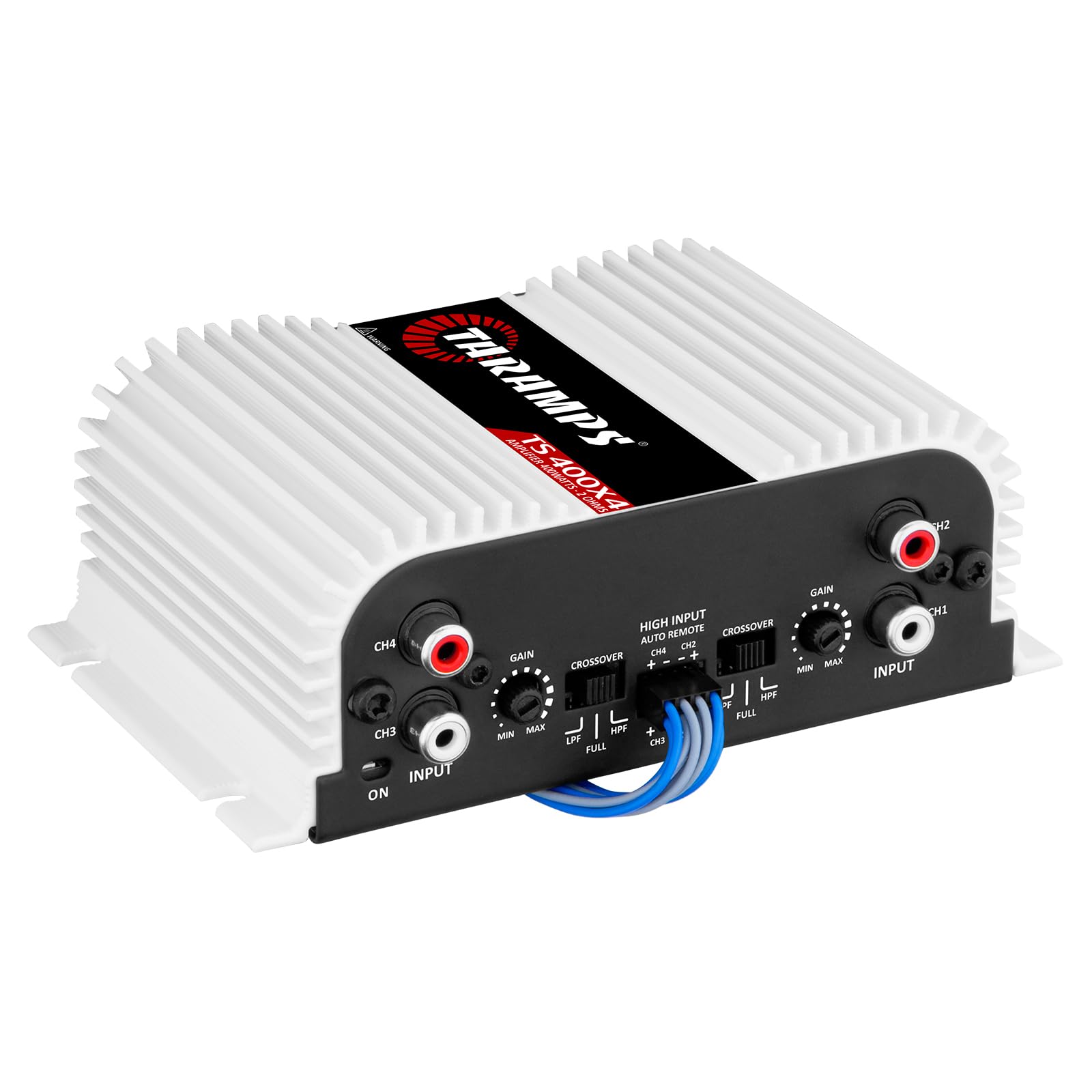 Taramps TS 400x4 con Entrada automática de Alto Nivel 400 vatios RMS, 4 Canales, Rango Completo, Amplificador de Audio para Coche, Entrada RCA, Clase D, 2 Canales Puentes, Sistema Amplificador