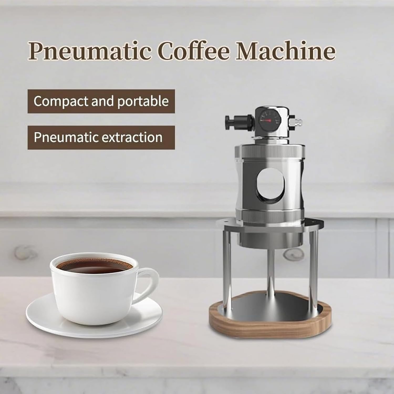 Manual Espresso Coffee Maker - Stainless Steel, 16Bar Fast Extraction with Pressure Gauge, Compact Design for Camping and Home Use
