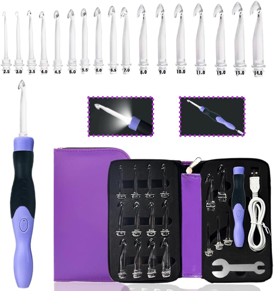 Yarniss 17 Sizes Lighted Crochet Hooks Set 2.5mm~14.0mm, Rechargeable Crochet Hook with Interchangeable Crochet Head
