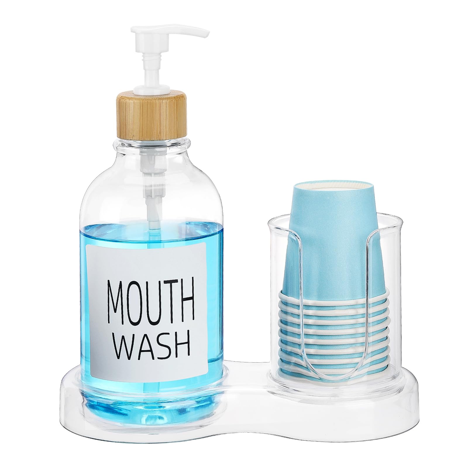 Tbestmax 16oz Plastic Mouthwash Dispenser with Cup Holder and Tray, Clear
