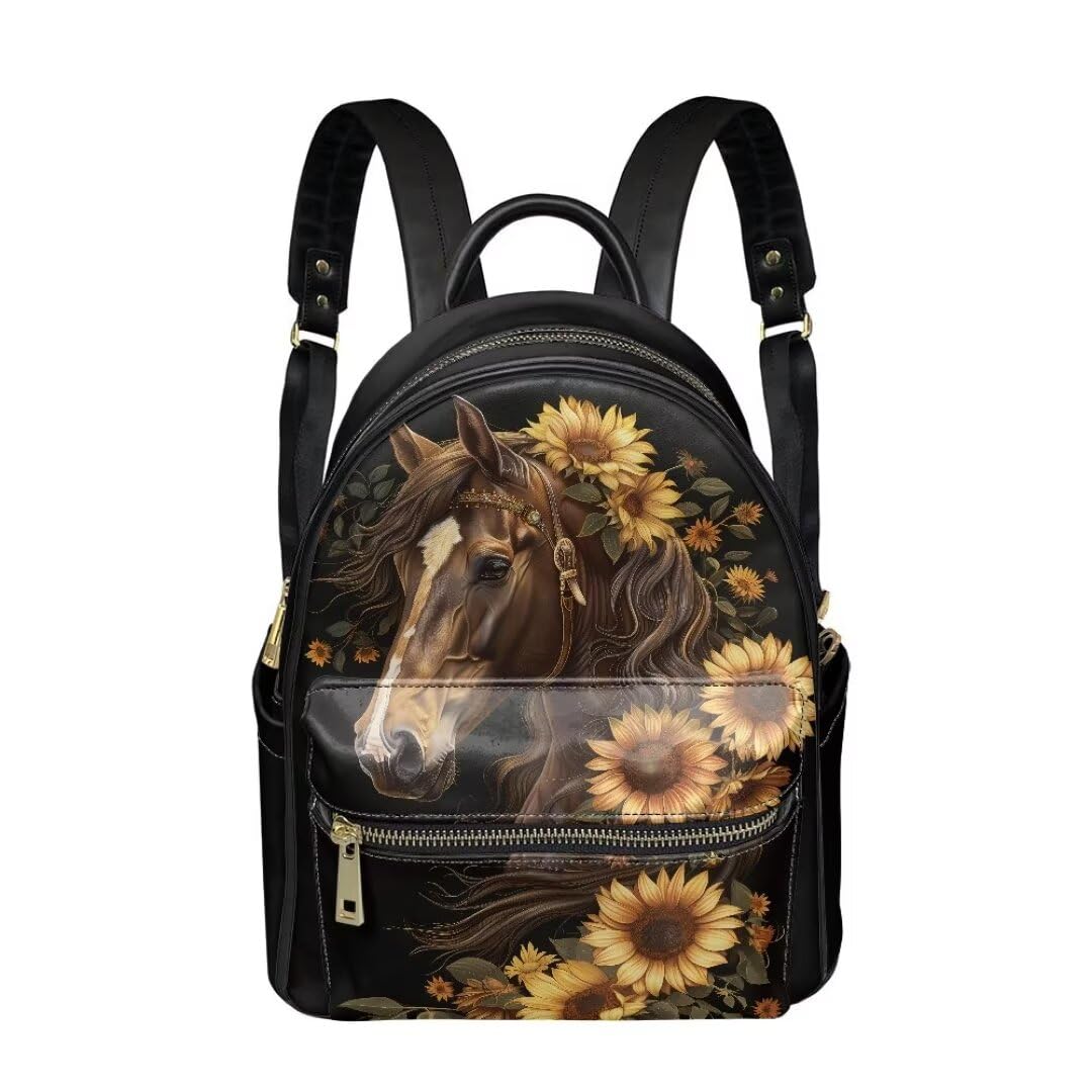 Coldinair Horse Backpack Purse for Women - Small Leather Waterproof Travel Bag - Lightweight Fashion Mini Backpack - Sunflower Casual Rucksack - Multipurpose Satchel Handbag