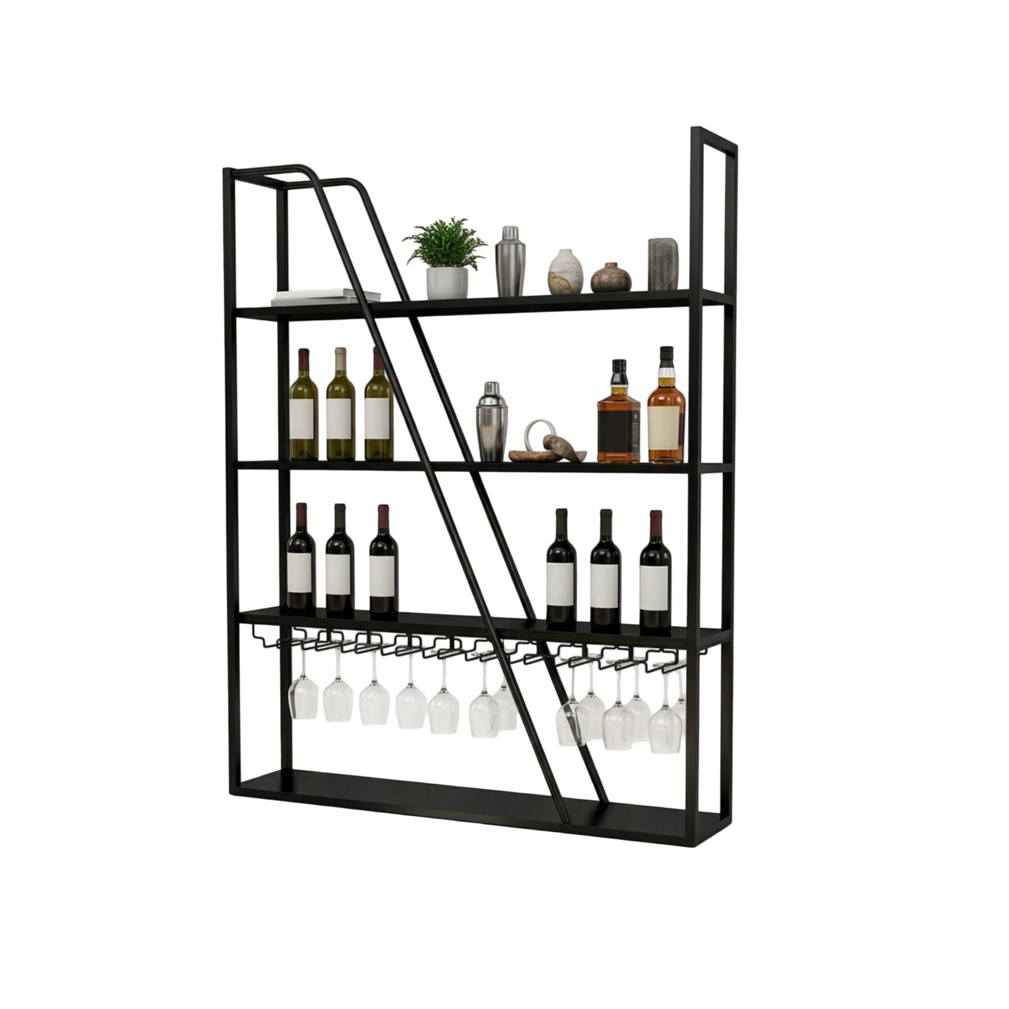 Porte bouteille mural industriel en métal avec casier et support verres pour bar