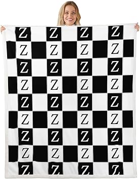 Erosebridal Black White Plaid Fuzzy Plush Throw Checkered Initial Letter Z Fleece Blanket Monogram Grid Sherpa Blanket for Kids Boys Girls,Farmhouse Gingham Decor for Bed Couch Twin 60"x80"