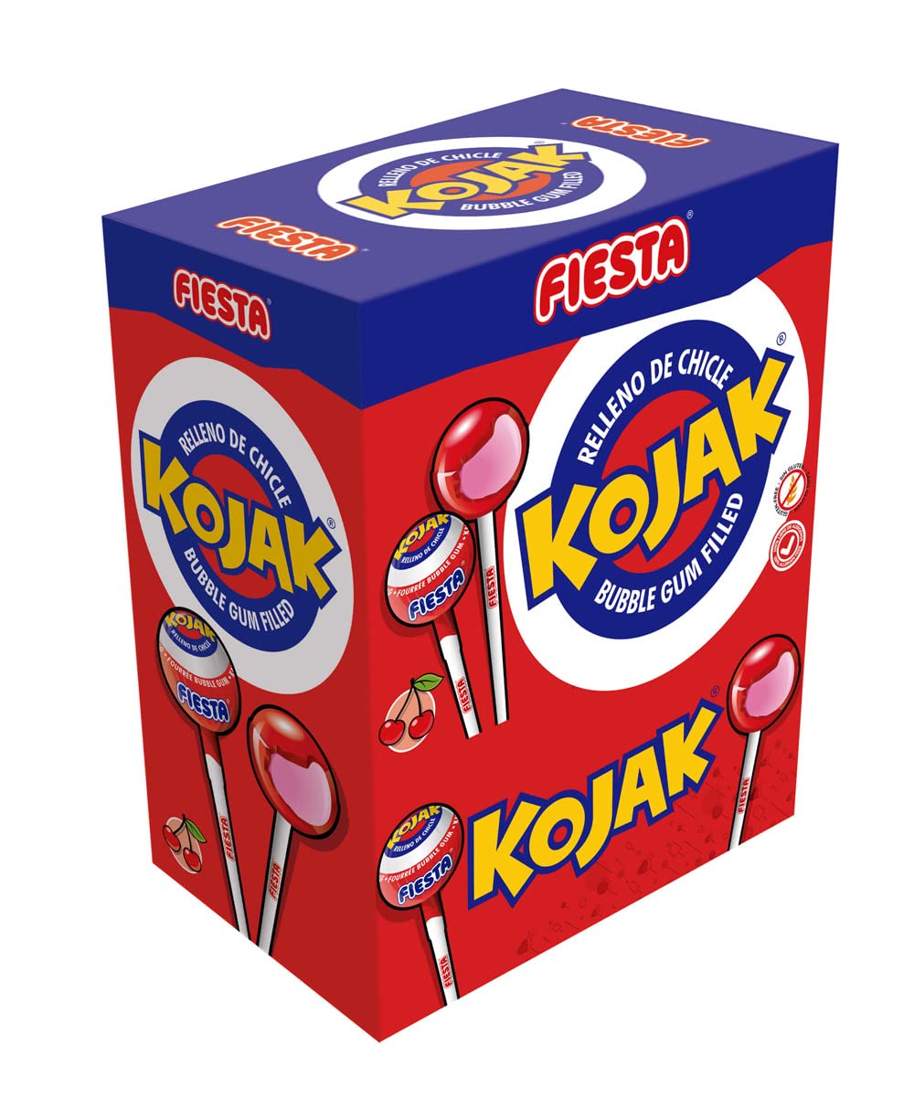 FIESTA Kojak Caramelo con Palo Sabor Cereza Relleno de Chicle - Caja de 100 unidades & Kojak Caramelo con Palo Sabor Cola Relleno de Chicle - Caja de 100 unidades