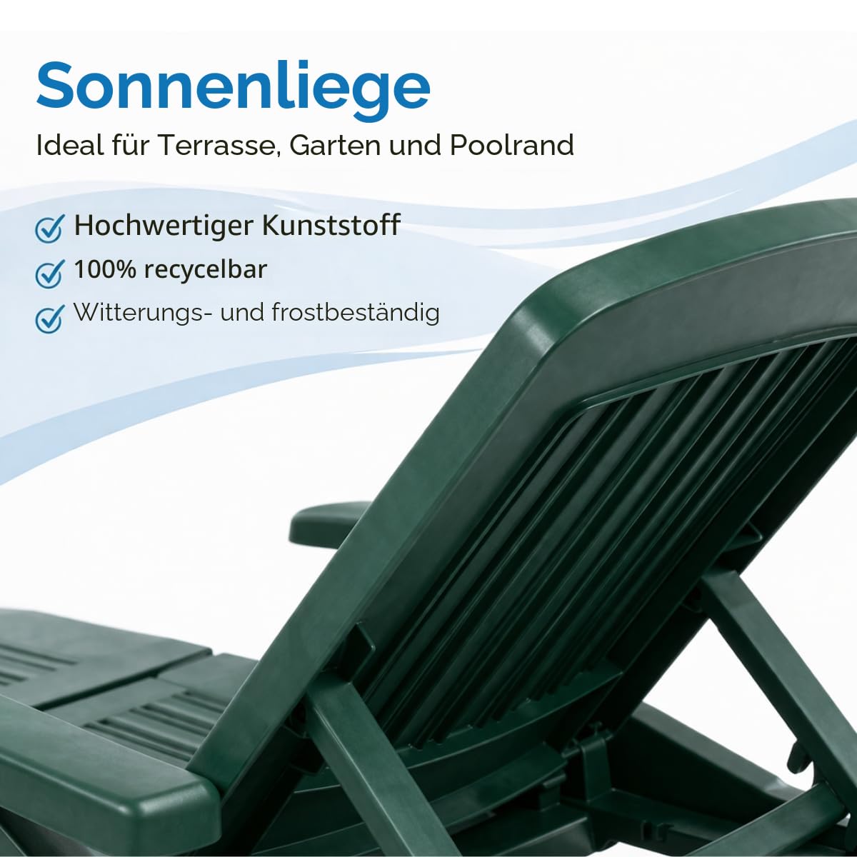 Tomaino - Sonnenliege aus Kunststoff für den Garten - Rückenlehne neigbar, klappbar mit Rädern - Camping, Strand, Pool, für den Außenbereich (grün)