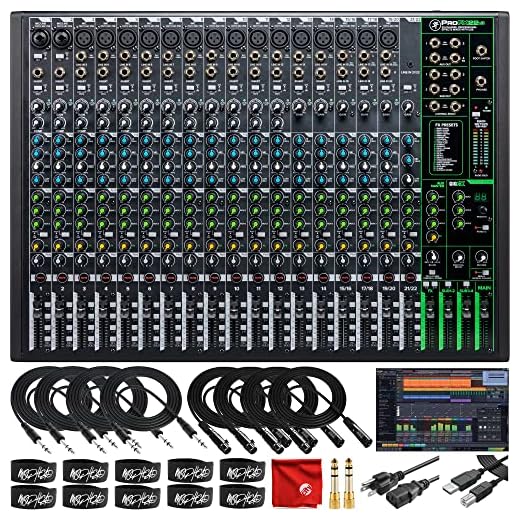Mackie ProFX22v3 22-Channel Unpowered Mixer USB Bundle with Waveform OEM DAW, 4x Mophead 10-Foot TRS Cable, 4x 10-Foot XLR Cable, 2x 1/4" to 3.5mm Adapter, 10x Cable Ties and Microfiber Cloth