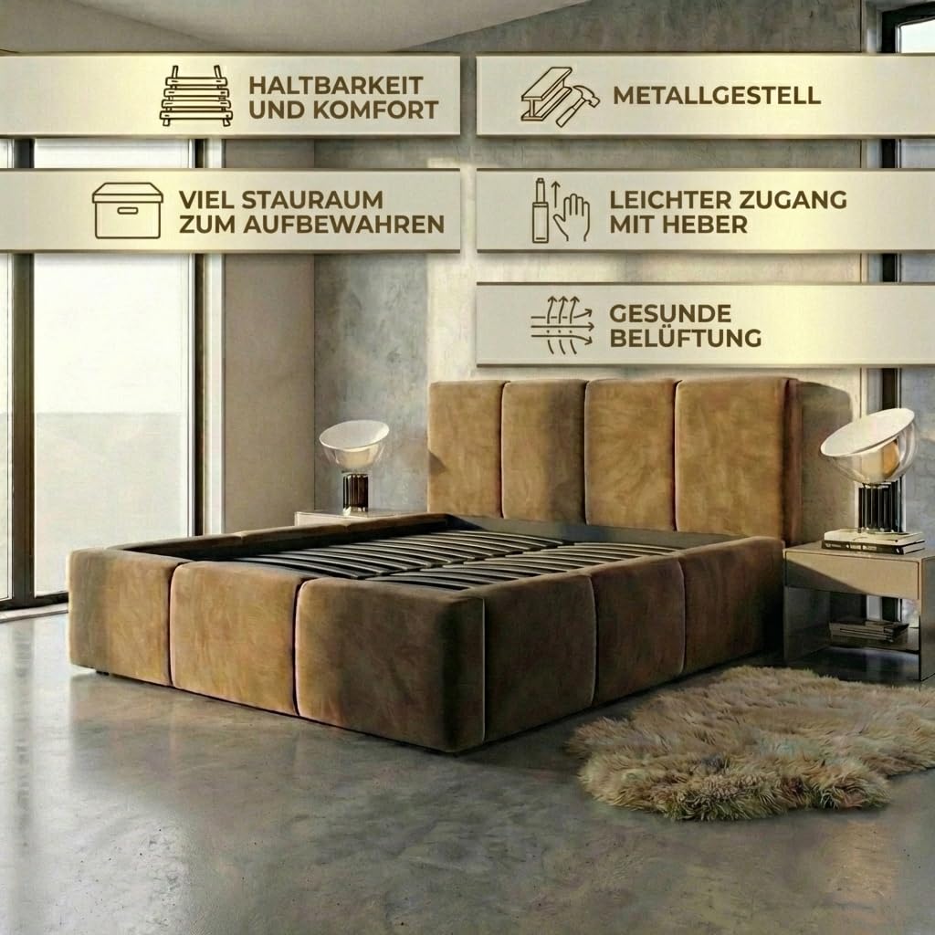 A&J MöbelLand Polsterbett 180x200 mit Bettkasten und Lattenrost – DONA, Bett mit Matratze und Stauraum in Dunkelgrau