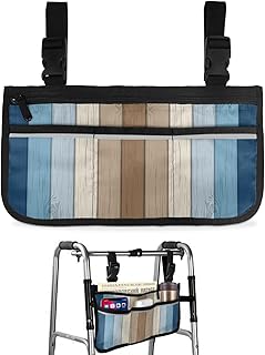 Navy Blue Brown Barn Wood Wheelchair Side Bag Walker Bag, Farmhouse Blue Wooden Board Wheelchair Accessories Armrest Pouch, Organizer Storage Bag for Walkers, Rollators, Scooters, 7.3'x13'