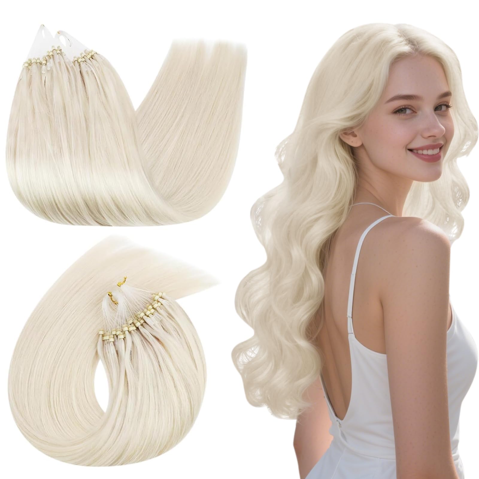 Ugeat Micro Ring Hair Extensions Real Human Hair Blonde for Short 14 Inch Hair Extension Micro Beads for Hair Loss 50G/50S Platinum Blonde #60A