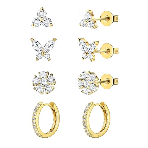20G Gold Studs Earrings for Women,14K Gold Plated Hypoallergenic Butterfly