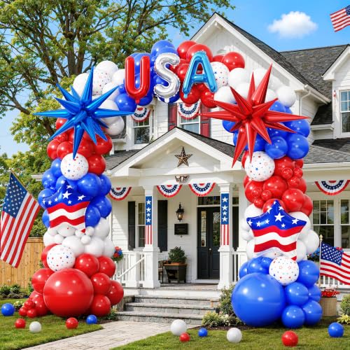 4th of July Balloon Garland Arch Kit Red White and Blue Balloon Arch Kit Patriotic Decorations with USA balloons Exploding Star Balloons for Americas 250th Anniversary Birthday party Memorial Day
