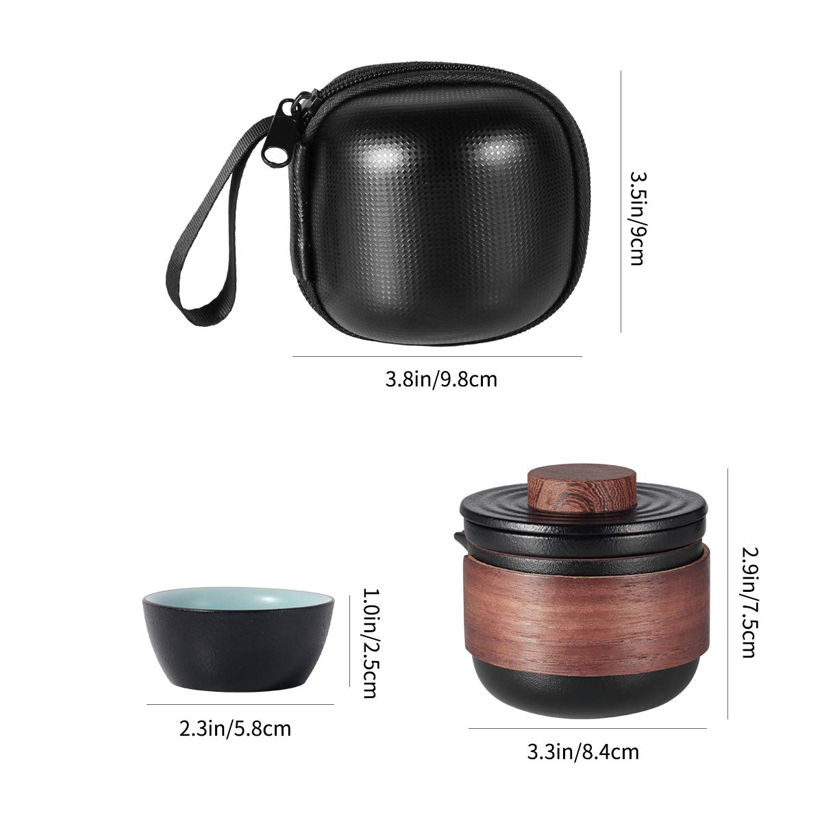Set di mini teiera da viaggio in ceramica cinese per kung fu, 1 pentola, 2 tazze, tazze da tè in porcellana con infusore per tè, borsa portatile per picnic all'aperto (nero)