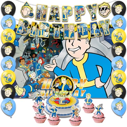 Fuyhiuous 42pcs Fallout Birthday Party Supplies Pack IncludesBannerCake TopperBlackdrop Balloons for Fallout party supplies