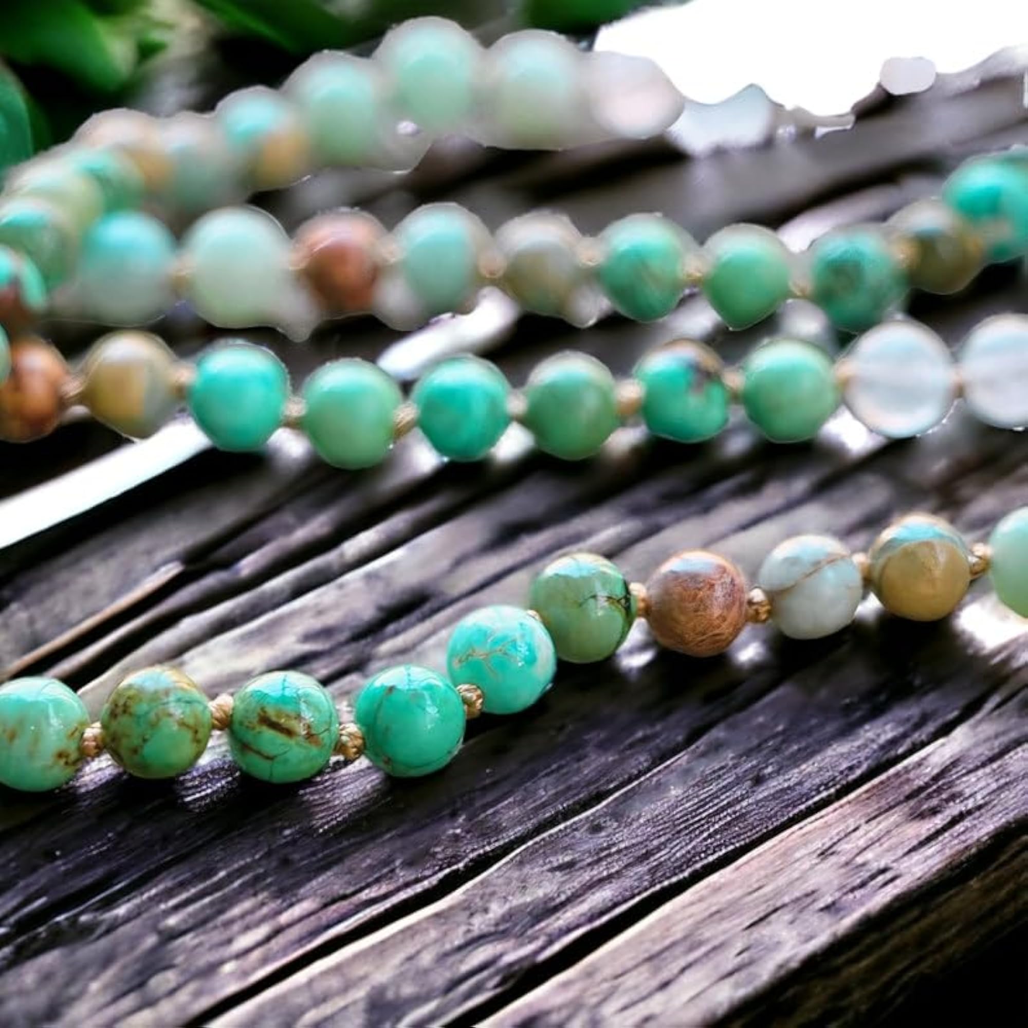 Natural Cherry Blossoms Agate & Green Turquoise Beaded Mala Necklace