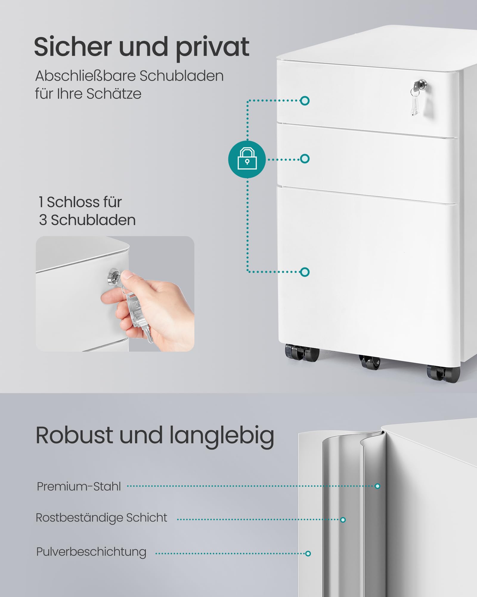 SONGMICS Rollcontainer 3 Schubladen abschließbarer Aktenschrank Metallschrank Druckertisch Büro 50x39x59 cm mattweiß