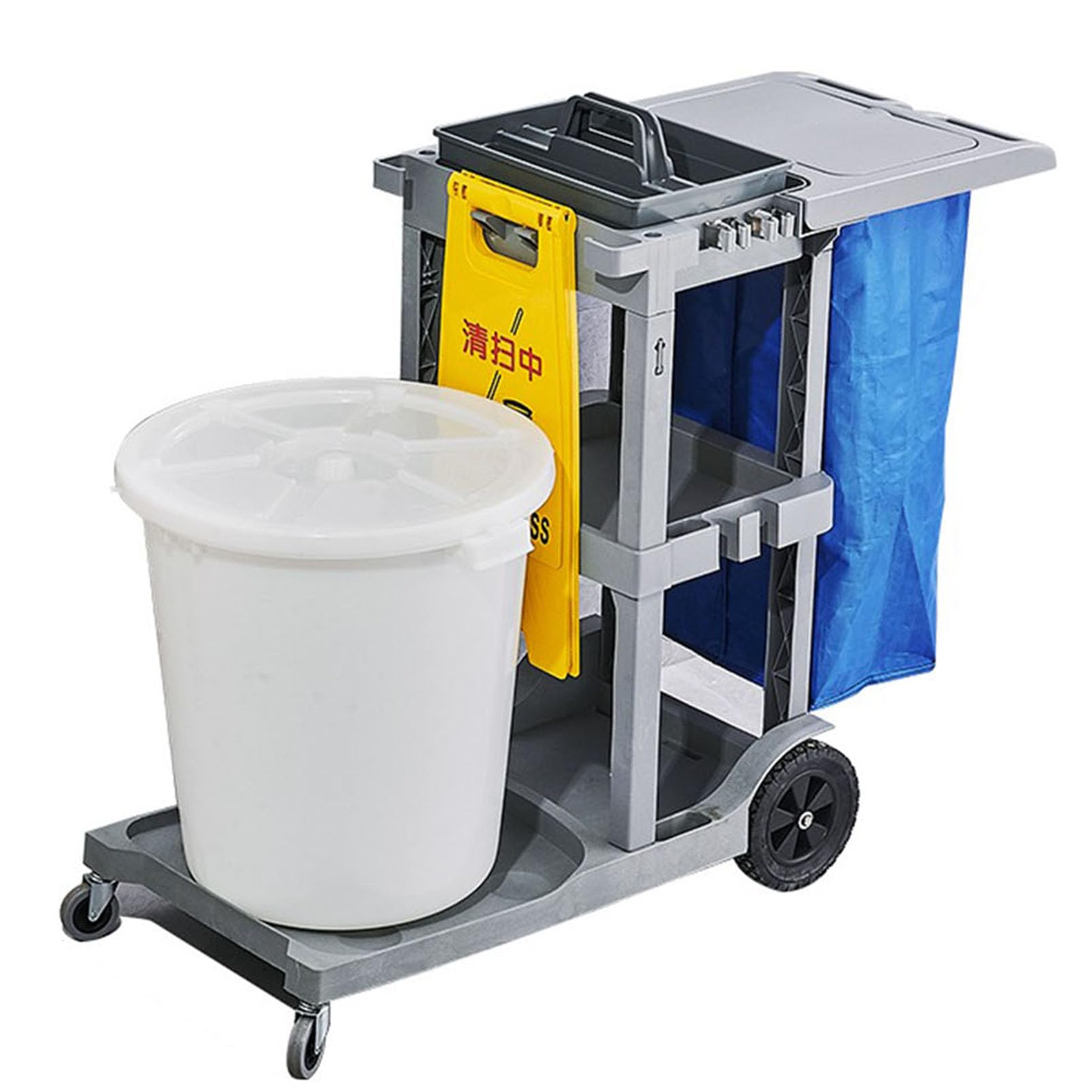 Carro de Limpieza Industrial Resistente con Organizador Multiusos y Soporte para fregona, Ideal para escuelas, comercios, hostelería y restaurantes.
