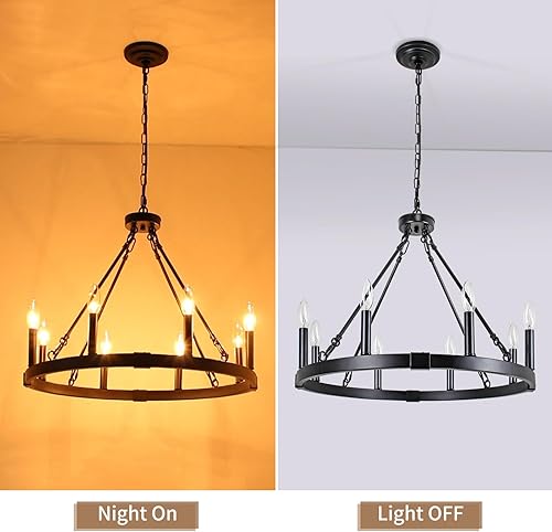 Miniatura 6 de Candelabro de 8 luces con ruedas de carro, 23.6 pulgadas, rústico de granja, iluminación colgante redonda industrial vintage para comedor, cocina,