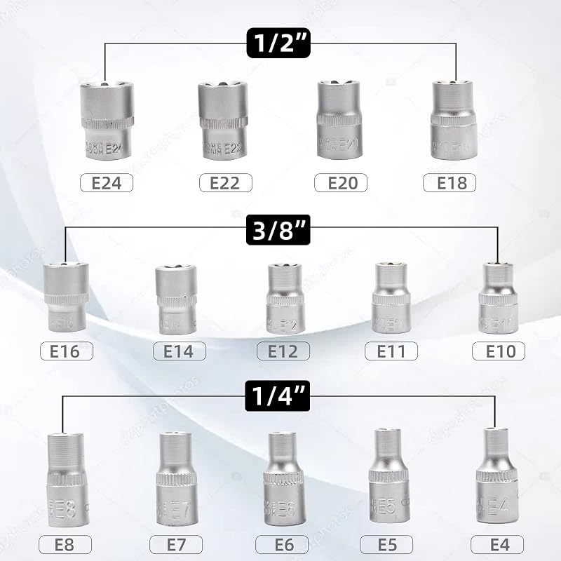 CCLIFE 14 Részes Torx Dugókulcs Készlet E Profil Külső Torx E4-E24 1/4 3/8 1/2 Hüvelyes Szerszám Krómozott