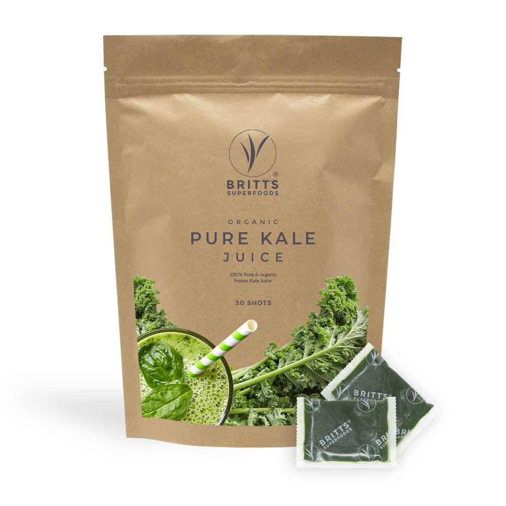 Britt's Superfoods Organic Frozen Pure Kale Juice 60 Shots- Locally Grown and Juiced in The UK- High Nutritional Content For Protection Of Cells - Immune System Booster - Healthy Bones & Gums