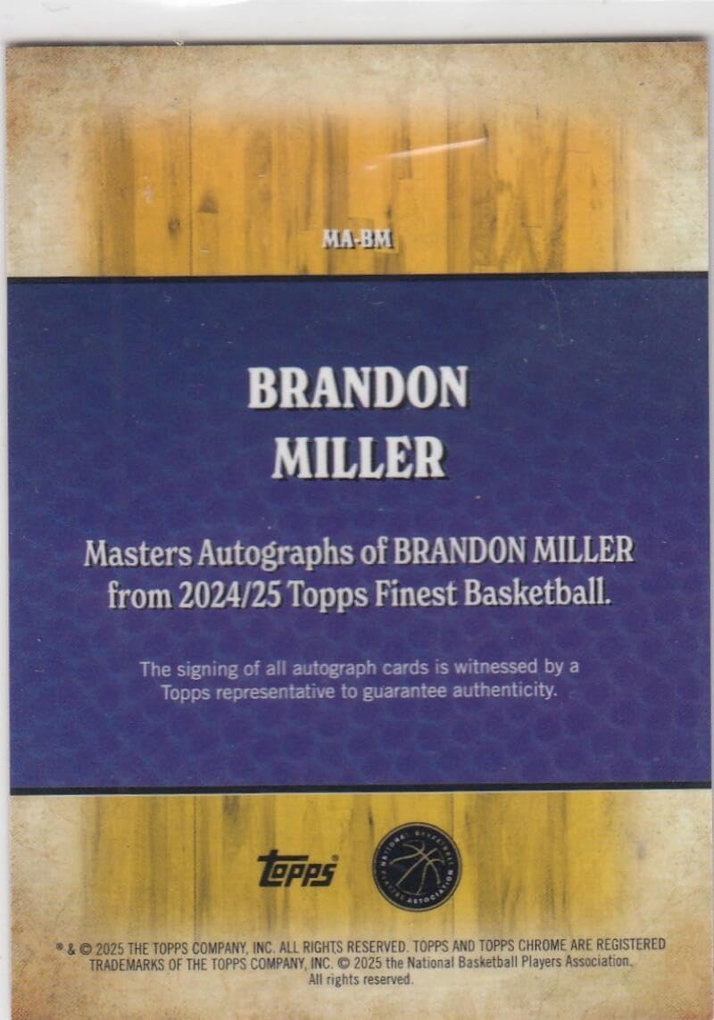 Basketball Trading Card 2024-25 Topps Finest Masters Autographs Gold Refractor #MA-BM Brandon Miller EX/NM Auto 4/50