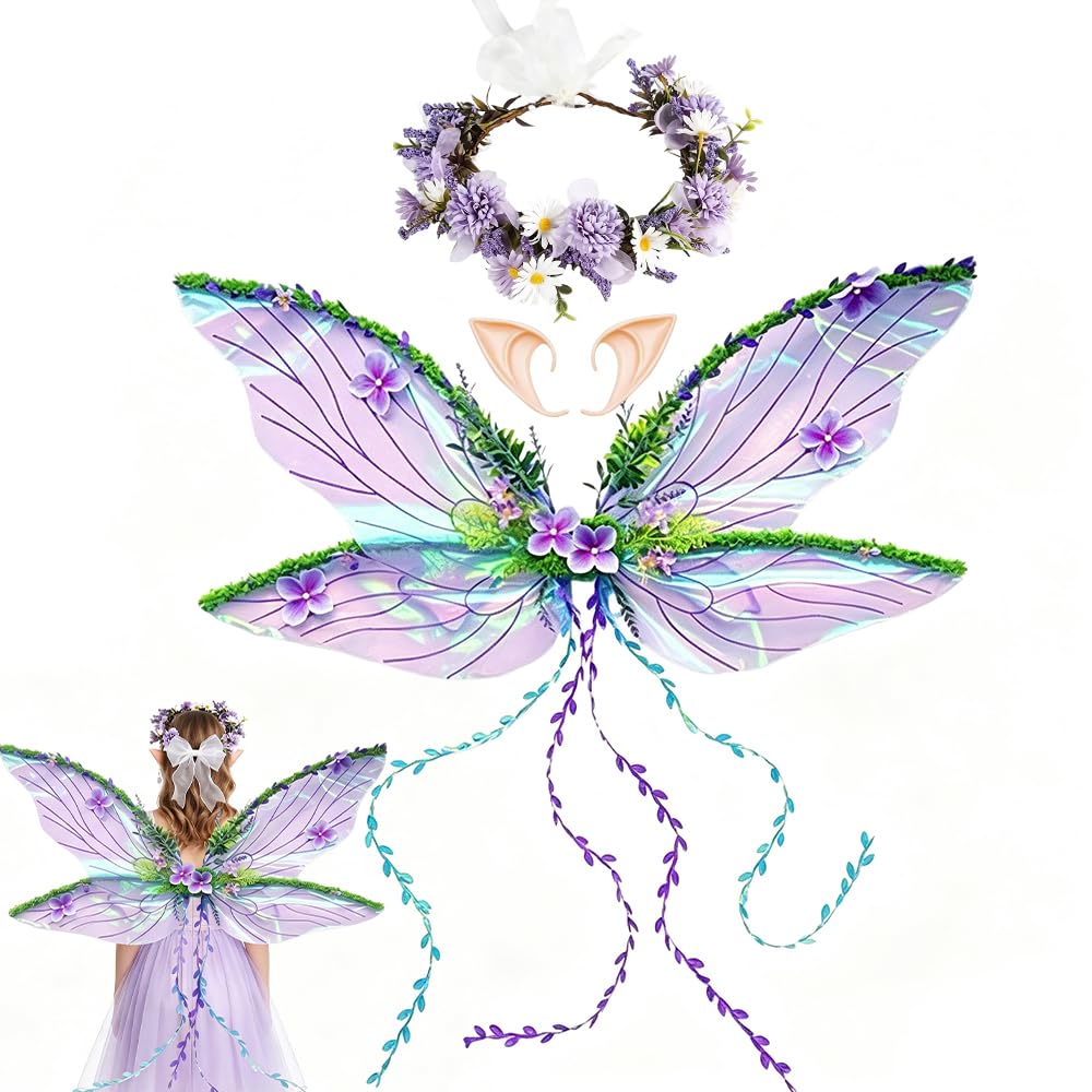 Fairy Wings, 3 Pcs Fairy Wings Adult Set with Wings Elf Ears Flower Crown โ image 1