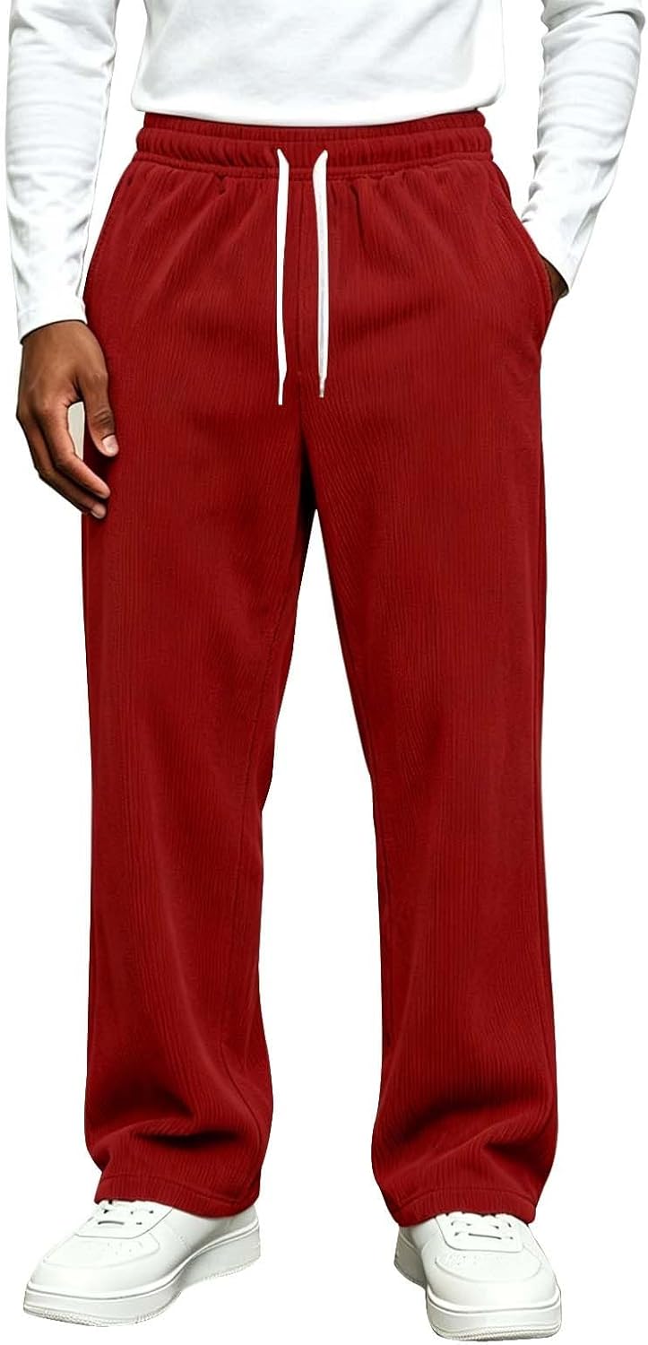 Corduroy Straight Leg Pants for Men Ribbed Elastic Waist Drawstring | Classic Ribbed Corduroy Texture in Clean Straight Cut, Elastic Drawstring for Easy Fit,Classic Fall-to-Winter Casual Staple