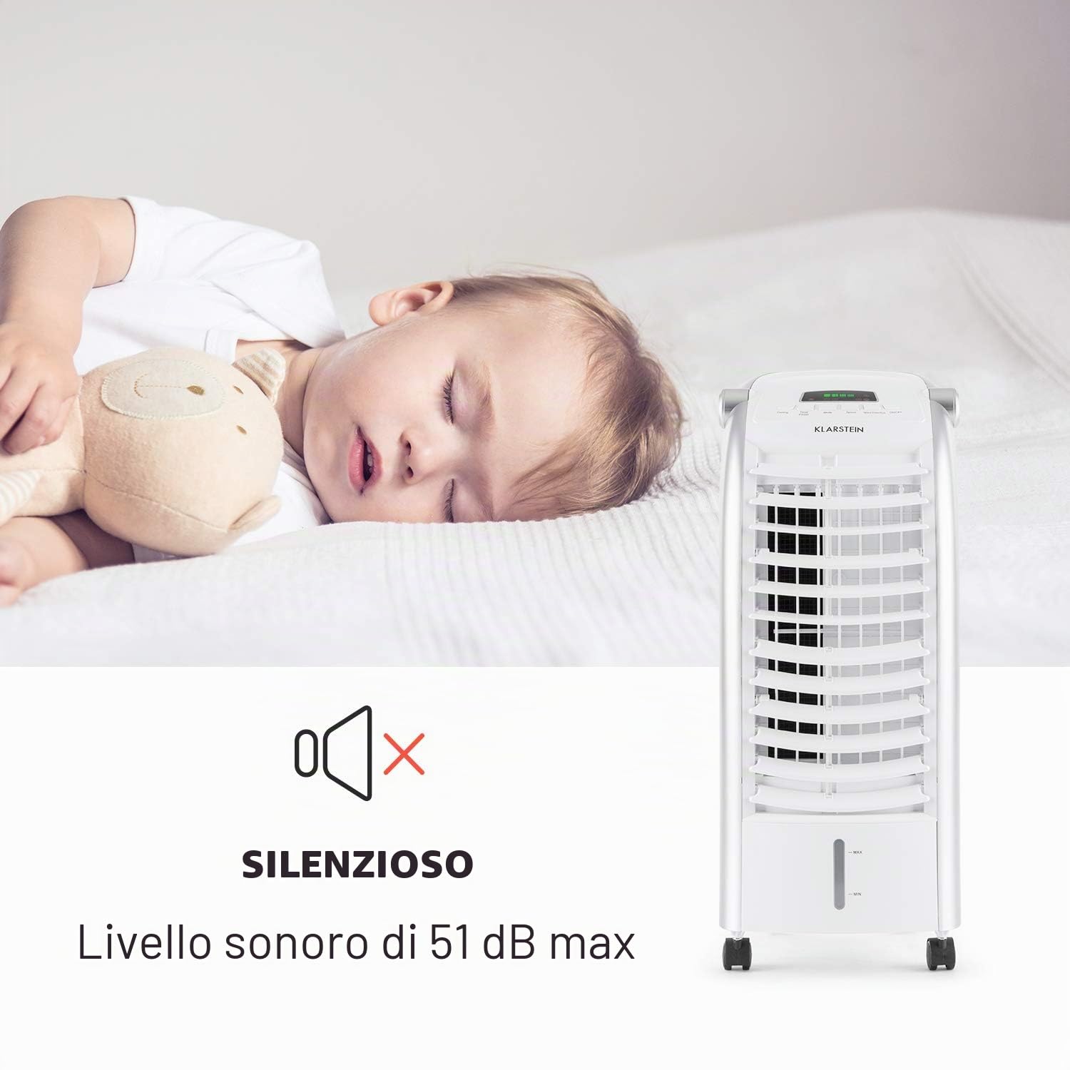 Klarstein Condizionatore Portatile 65W, 4in1, Climatizzatore Portatile, Raffrescatore Aria ad Acqua, Ventilatore, Deumidificatore, Silenzioso con Night Mode, 444m³/h, Serbatoio da 6L, Bianco Zinco