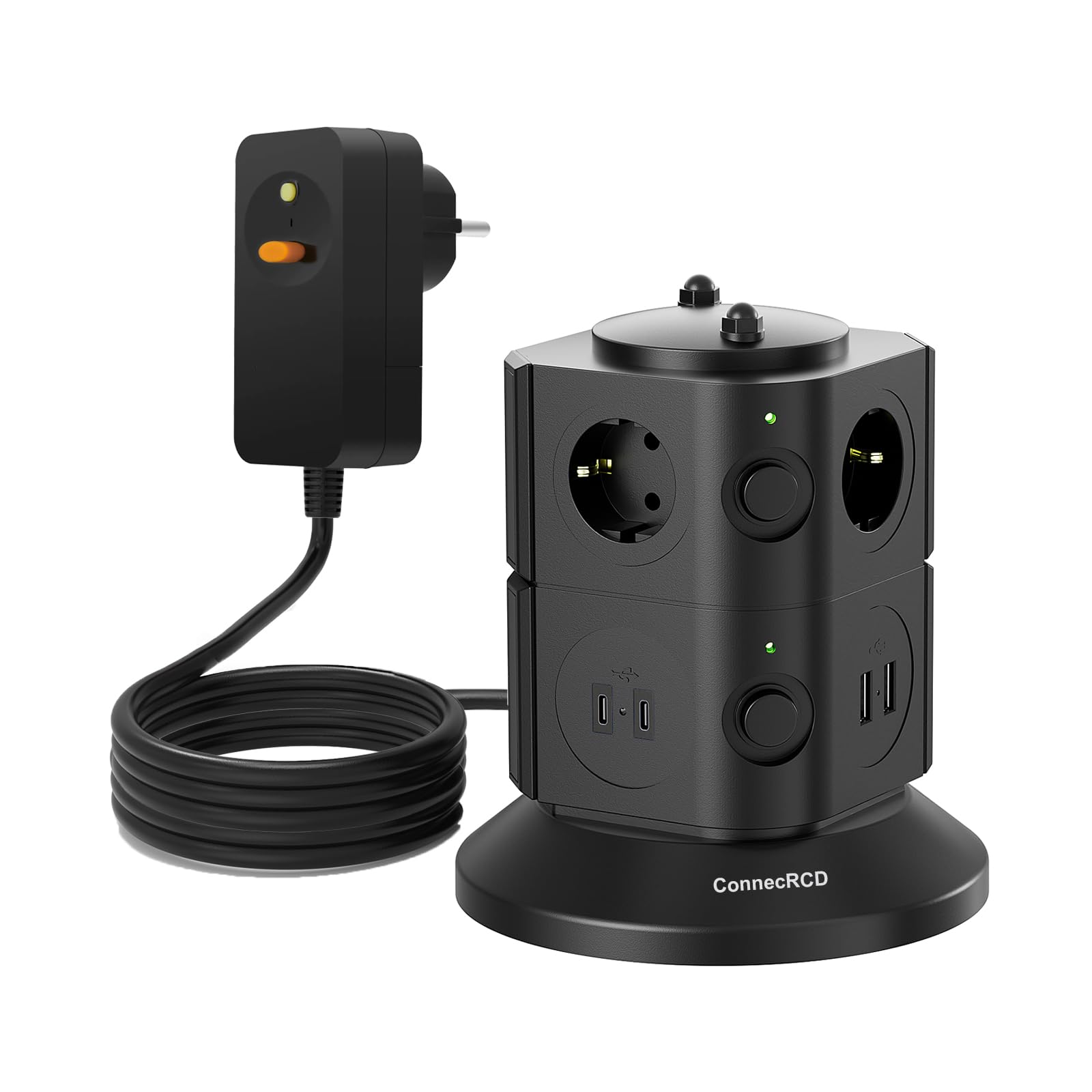 Interruttore di protezione FI, ciabatta multipresa a 6 prese, 4 USB, cavo da 3 m | Protezione da sovratensione, presa multipla a cubo, cavo di prolunga per ufficio e cucina