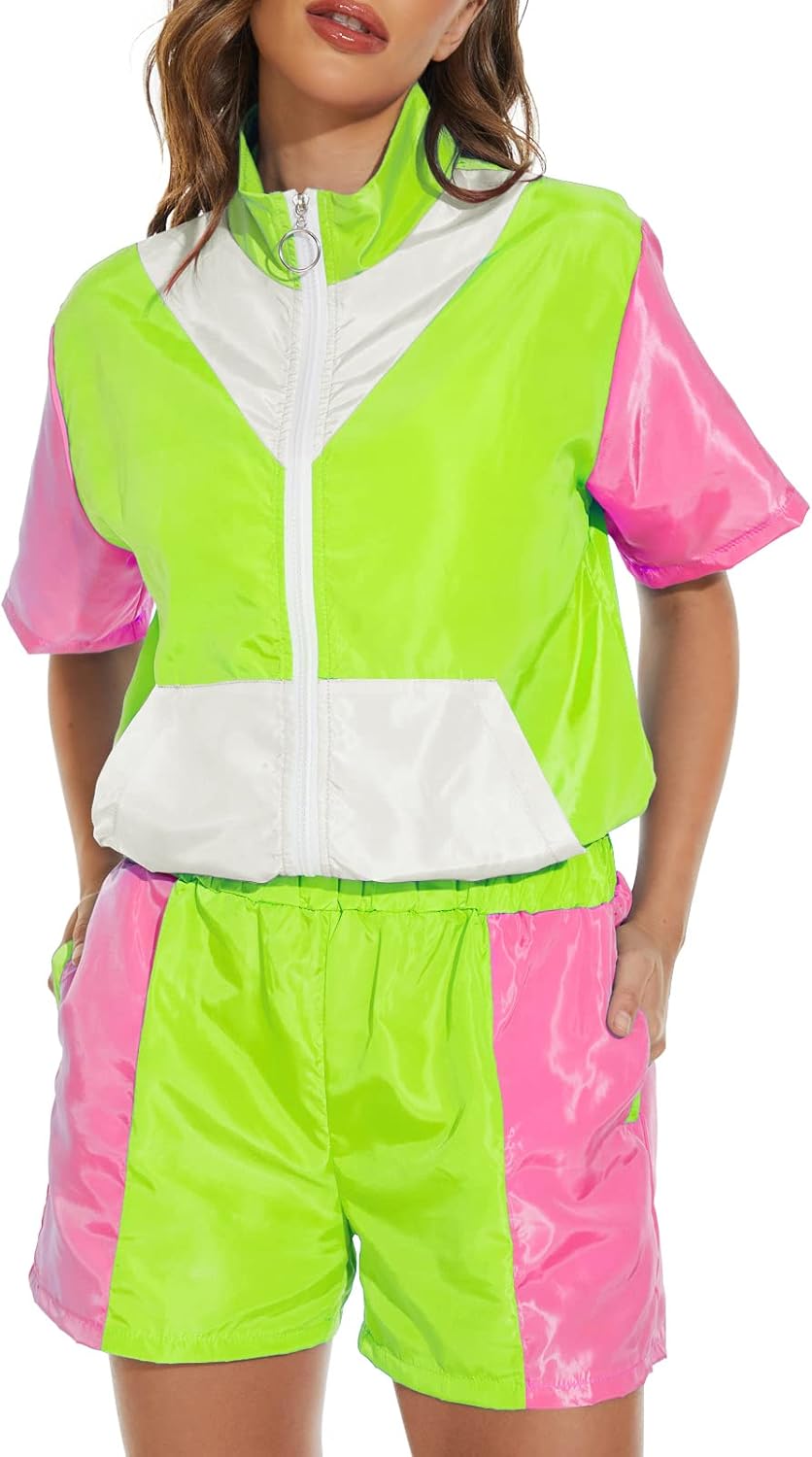 Size XL Yisfri Women's Color Block Windbreaker 2 Piece Outfits Short Sleeve Zip Front Elastic Waist Tracksuit Set