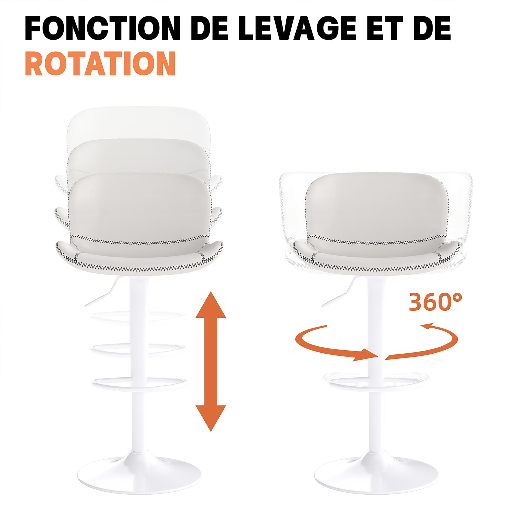 Youhauchair Tabouret Bar, Tabouret de Bar Réglable en Hauteur en Cuir PU, Chaise de Bar avec Dossier et Repose-Pieds, Chaise Haute Cuisine Pivotant, Moderne, Blanc