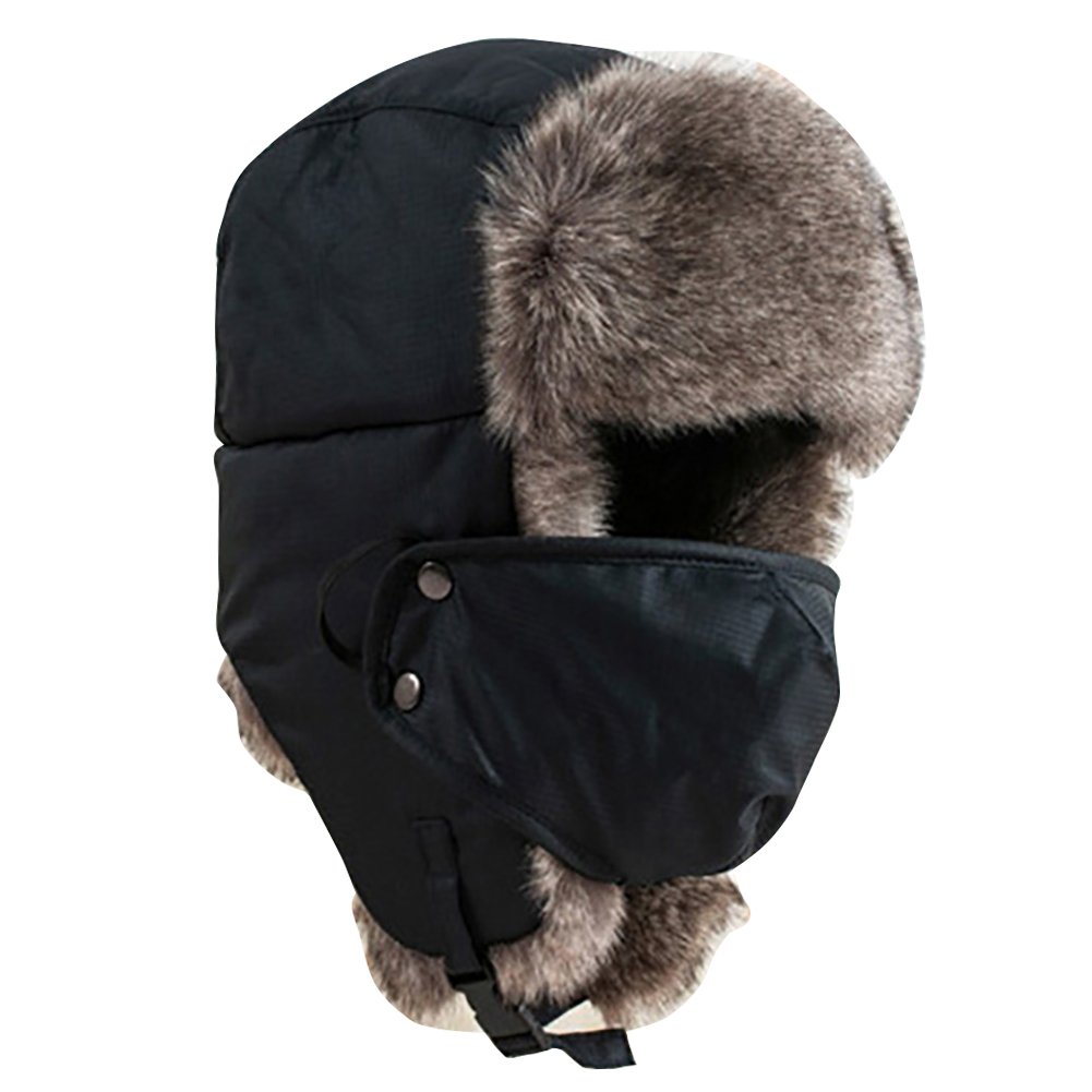 Bluelans® Quality Unisex Winter Warm Outdoor Faux Fur Trapper Hat Ear Flap Bomber Hat with Mask, Available in 12 Colours (Black)