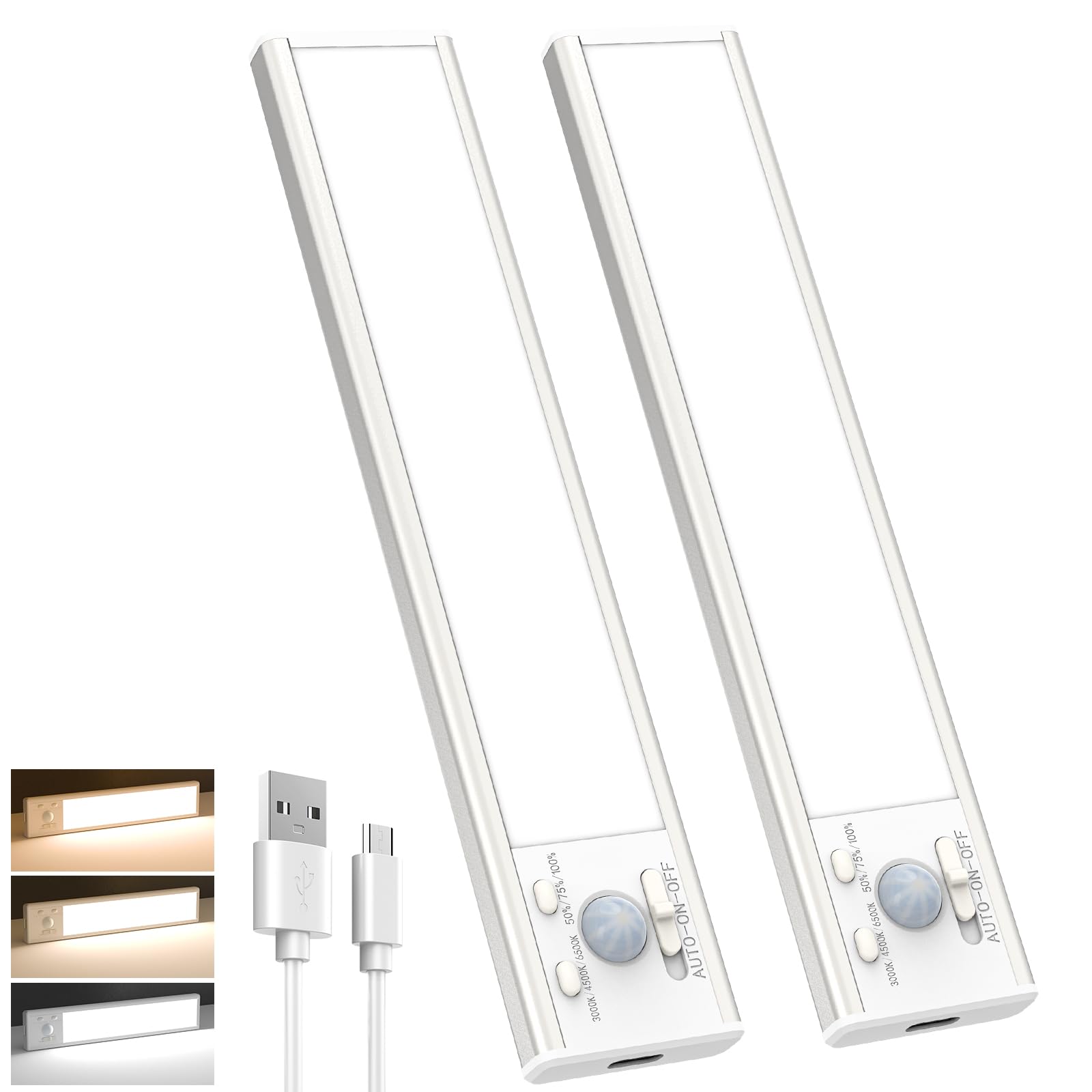slochi 2 Pack Under Cabinet Kitchen Lights-3 Color Stepless Dimming LED Motion Sensor Light Indoor-1000mAh USB-C Rechargeable Strip Lighting Wireless for Cupboard Wardrobe Shelf Stairs Counter Closet