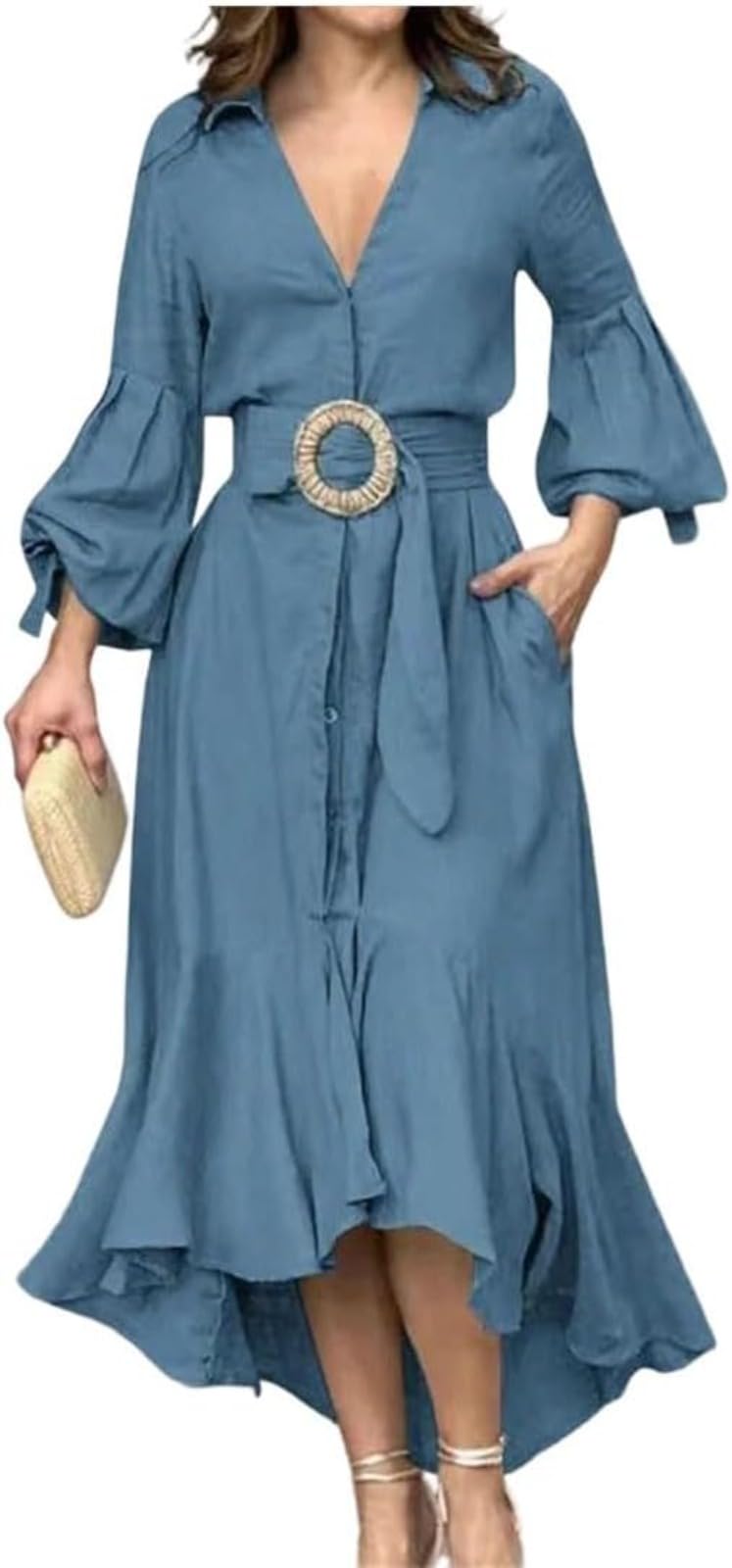 Vestido Camisero De Manga Larga con Cuello En V para Mujer