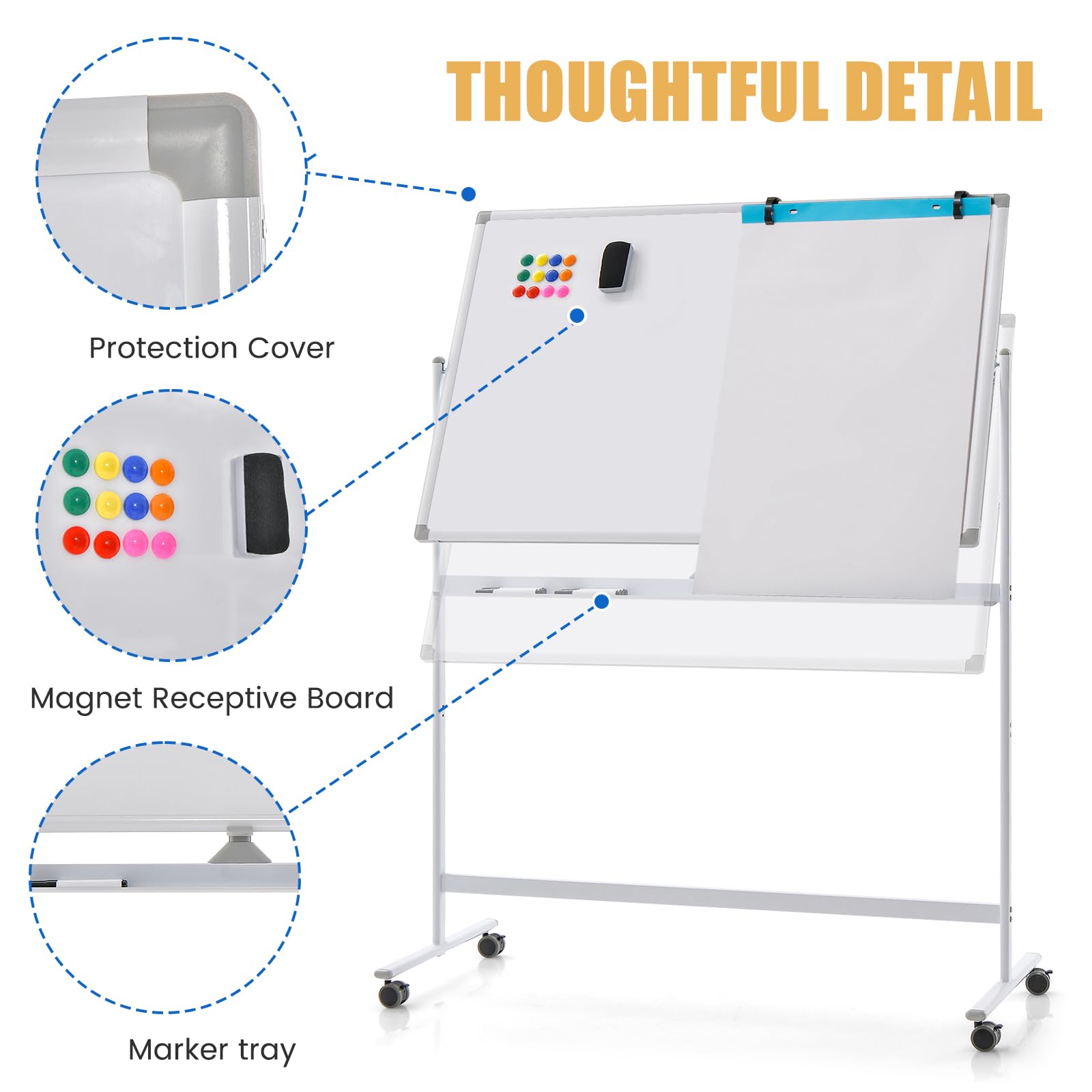 LIFEZEAL Mobiel whiteboard, dubbelzijdig magneetbord met standaard, magnetisch bord in hoogte verstelbaar en 360° draaibaar, magneetwand met pennenbakje, magnetisch whiteboard (zwart, 120 × 80