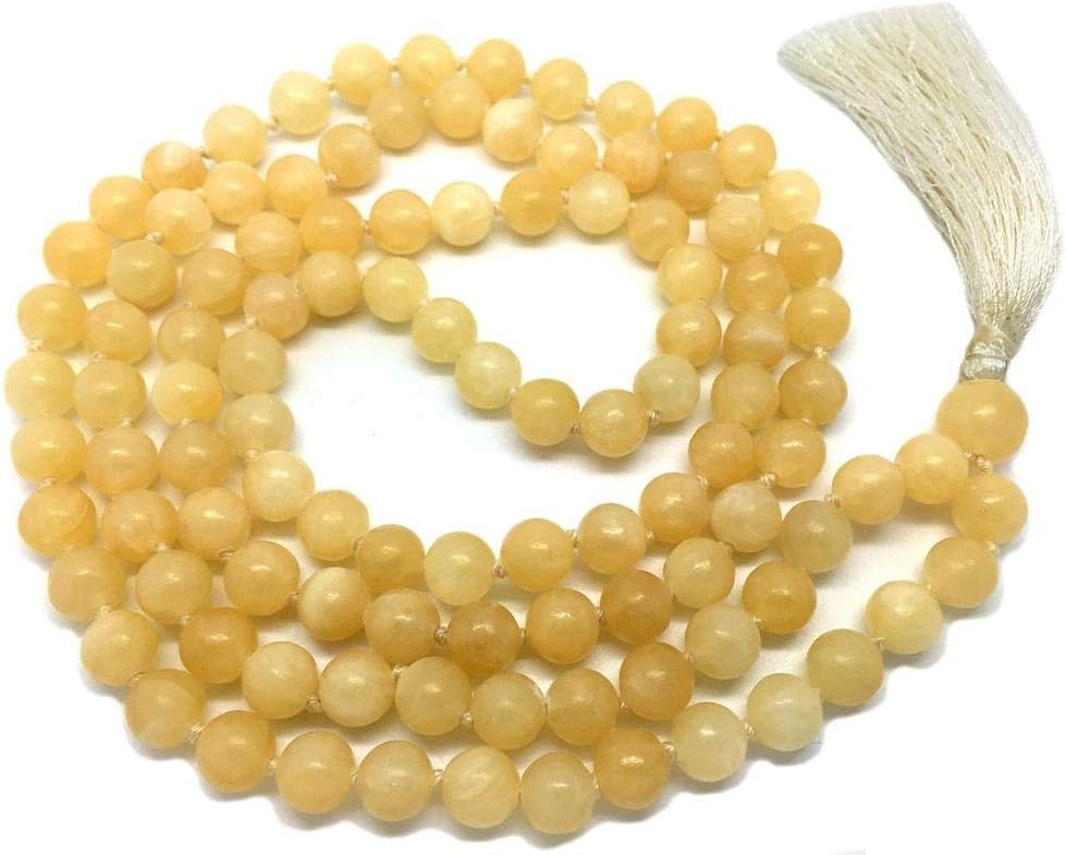 Natural AAA Honey Calcite 108 Mala Necklace| Calcite Mala|108 Prayer Beaded Mala Necklace| Hand Knotted Mala Bracelet | Japa Mala| 8mm Round Beads| Meditation Tassel |Buddhist Mala
