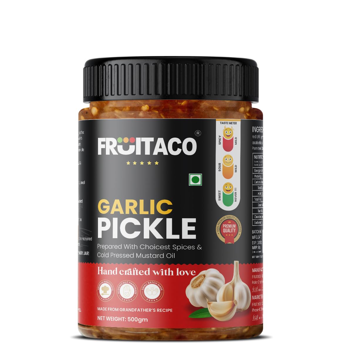 Fruitaco Garlic Pickle – Authentic Indian Pickle with Tangy and Spicy Flavor | Perfect Side for Meal (500 Gm, Garlic Pickle)